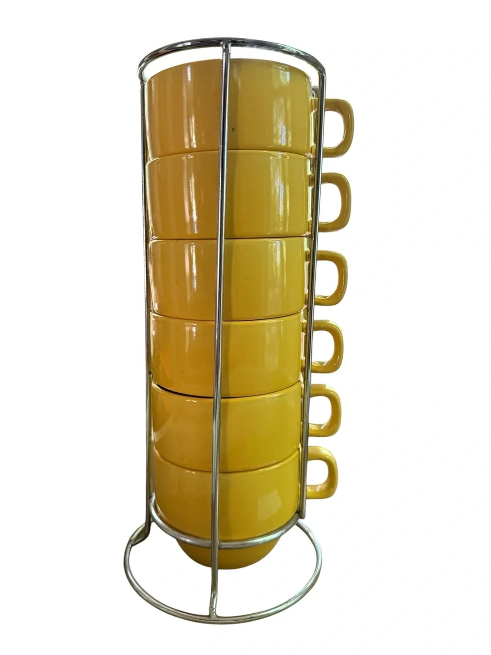 World Market Stackable Espresso Mug Set w/ Chrome Rack Mustard Yellow 6oz‎ Cups